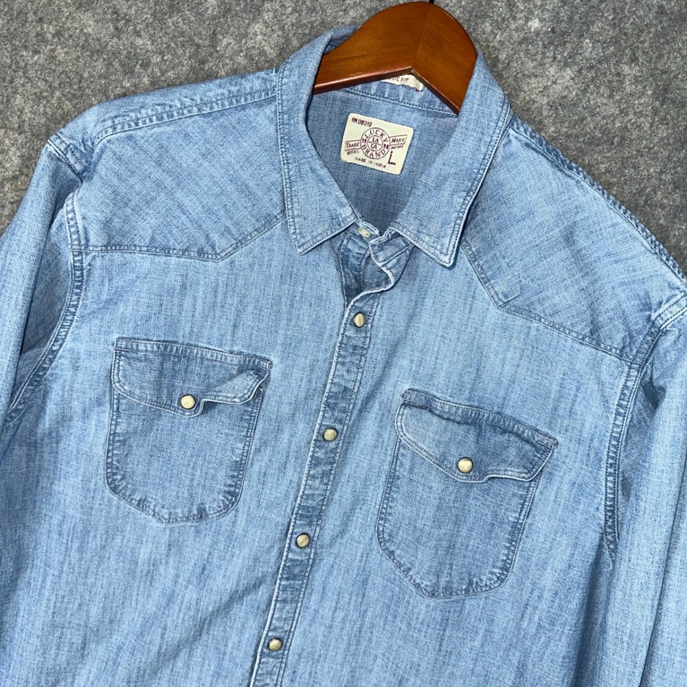 Lucky Brand Shirt Mens L Blue Denim Western Classic Fit Pearl Snap Long Sleeve